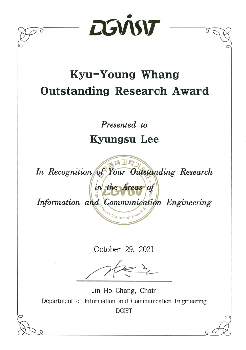 Kyungsu Lee, DGIST, “Lee Kyu-Young Whang Outstanding Research Award”, 2021