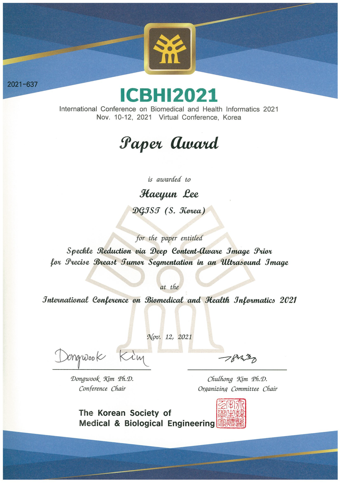 Haeyun Lee, The Korean Society of Medical & Biological Enginnering, “Paper Award”, 2021