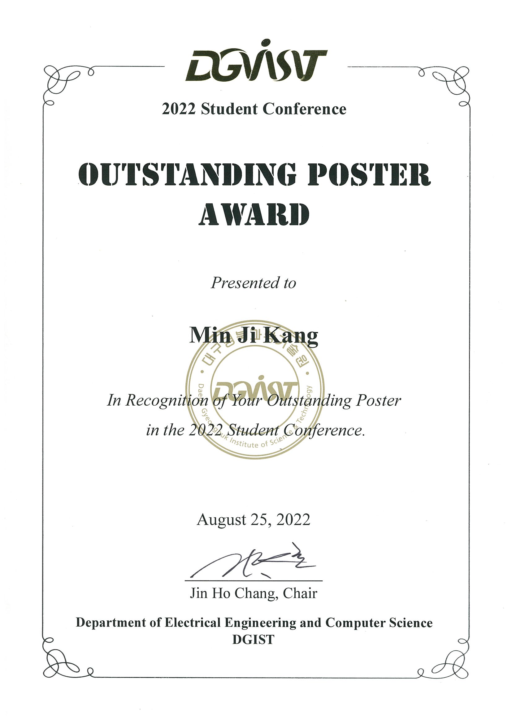 Min Ji Kang, DGIST, “Outstanding Poster Award”, 2022